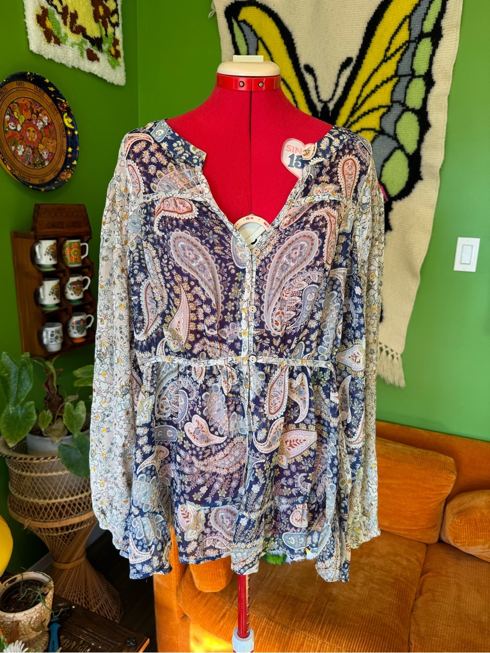 torrid Navy Paisley Peasant Tunic with Cream and Pink Accents